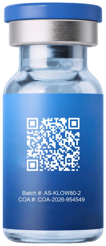 Ascend Science vial labelled with a scannable QR code, batch number AS-KLOW80-2 and its COA number